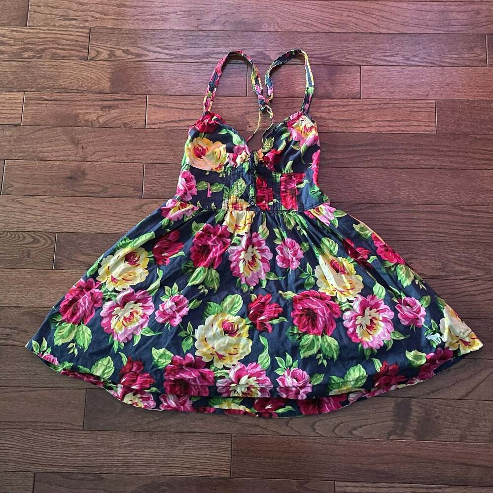Y2K Abercrombie Fitch Floral Babydoll Mini Dress Navy Pink Size L - Picture 3 of 11